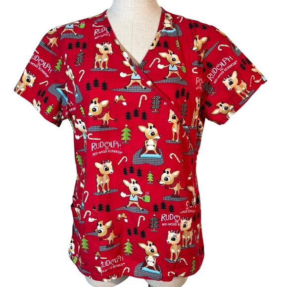 Rudolph The Red-Nosed Reindeer Red Christmas Scrub Top Unisex Size M 100% Cotton - Picture 2 of 7